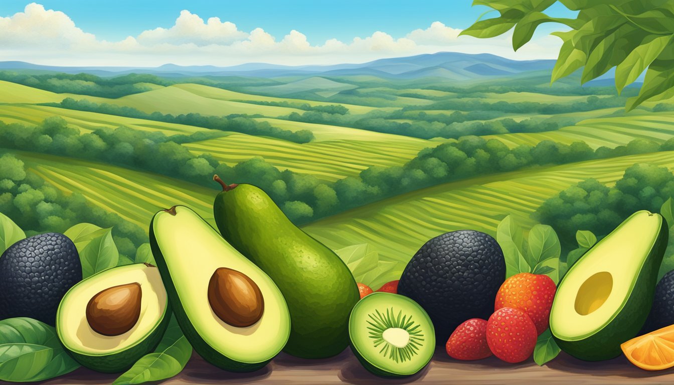 A vibrant Texas landscape with a variety of superfoods, including ripe avocados, set against a backdrop of rolling hills and clear blue skies