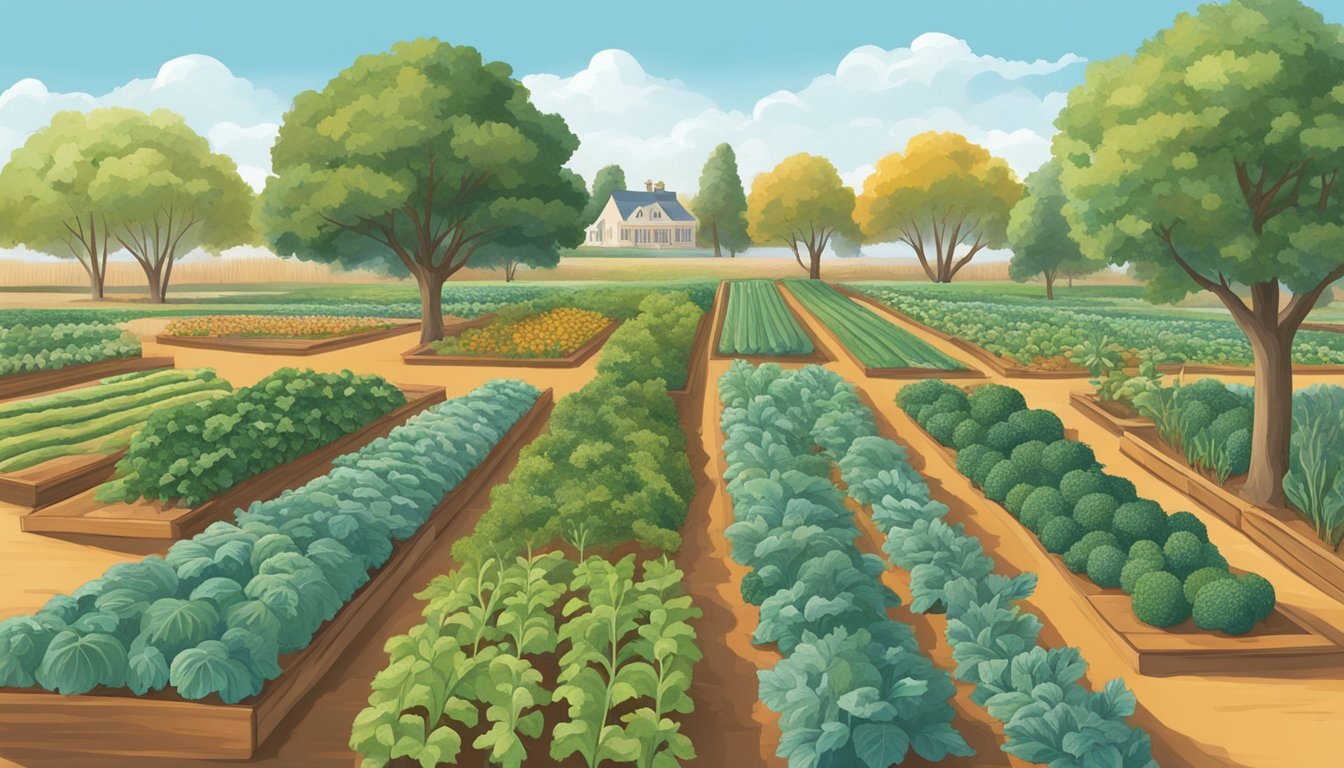 A garden in Texas with rows of winter vegetables and fruits, including leafy greens, carrots, and citrus trees under a clear blue sky