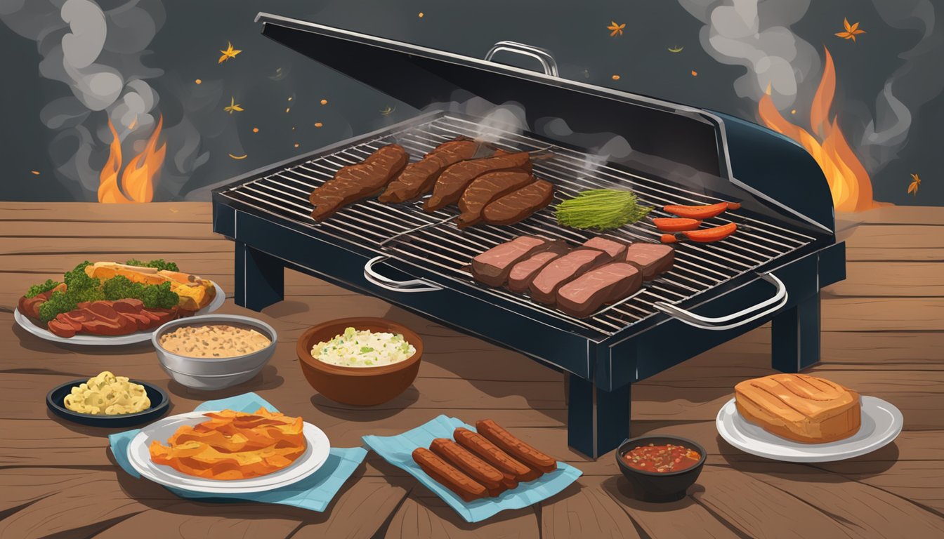 A rustic outdoor barbecue pit surrounded by wood smoke, with a spread of meats, spices, and Texan ingredients laid out on a weathered wooden table