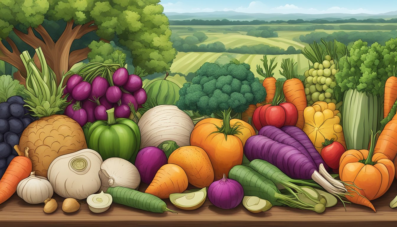 A colorful array of root vegetables and fruits arranged on a wooden table, with Texas landscape in the background