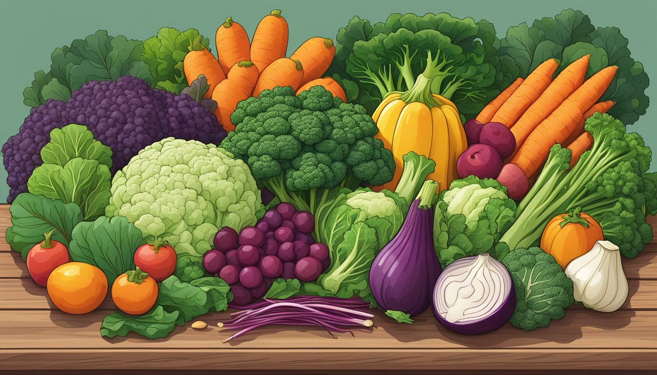 A colorful array of leafy greens and cruciferous vegetables arranged on a wooden table, with winter fruits in the background