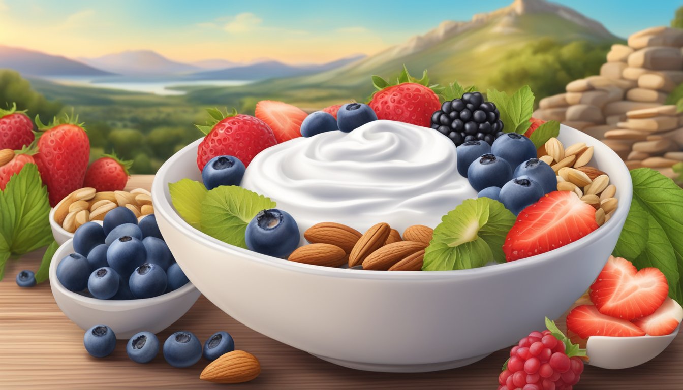 A bowl of Greek yogurt surrounded by 10 superfoods, such as berries, nuts, and seeds, with a Texas landscape in the background