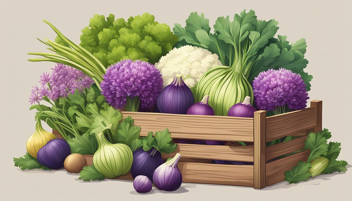 A colorful array of alliums and brassica vegetables arranged in a rustic wooden crate, with winter fruits scattered around