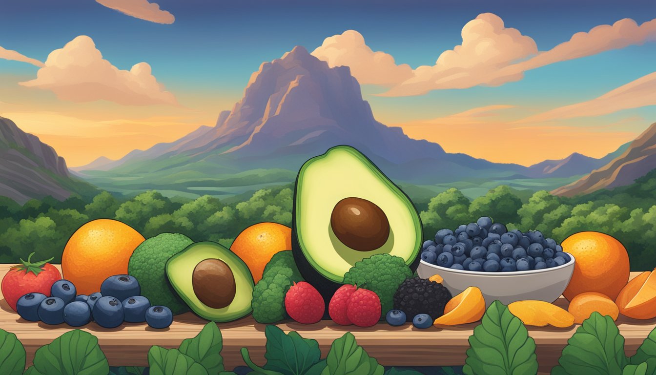 A vibrant array of superfoods, including avocados, blueberries, and kale, displayed against the backdrop of the Texas landscape