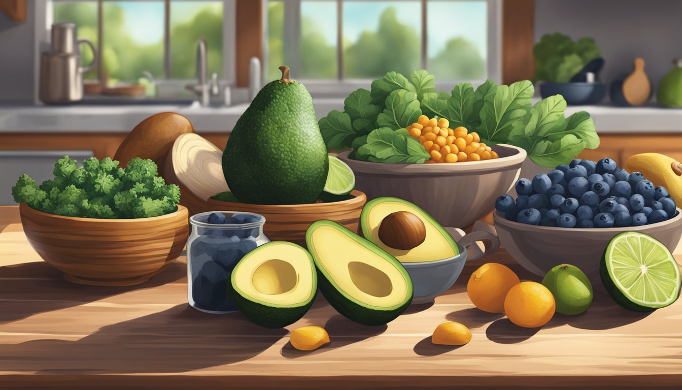 A colorful array of superfoods, including avocados, blueberries, and kale, arranged on a rustic wooden table in a bright, sunlit kitchen in Texas