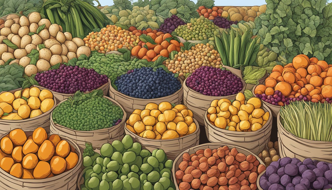 A colorful array of winter crops, including legumes, tubers, and fruits, arranged in a bountiful display at a Texas farmer's market