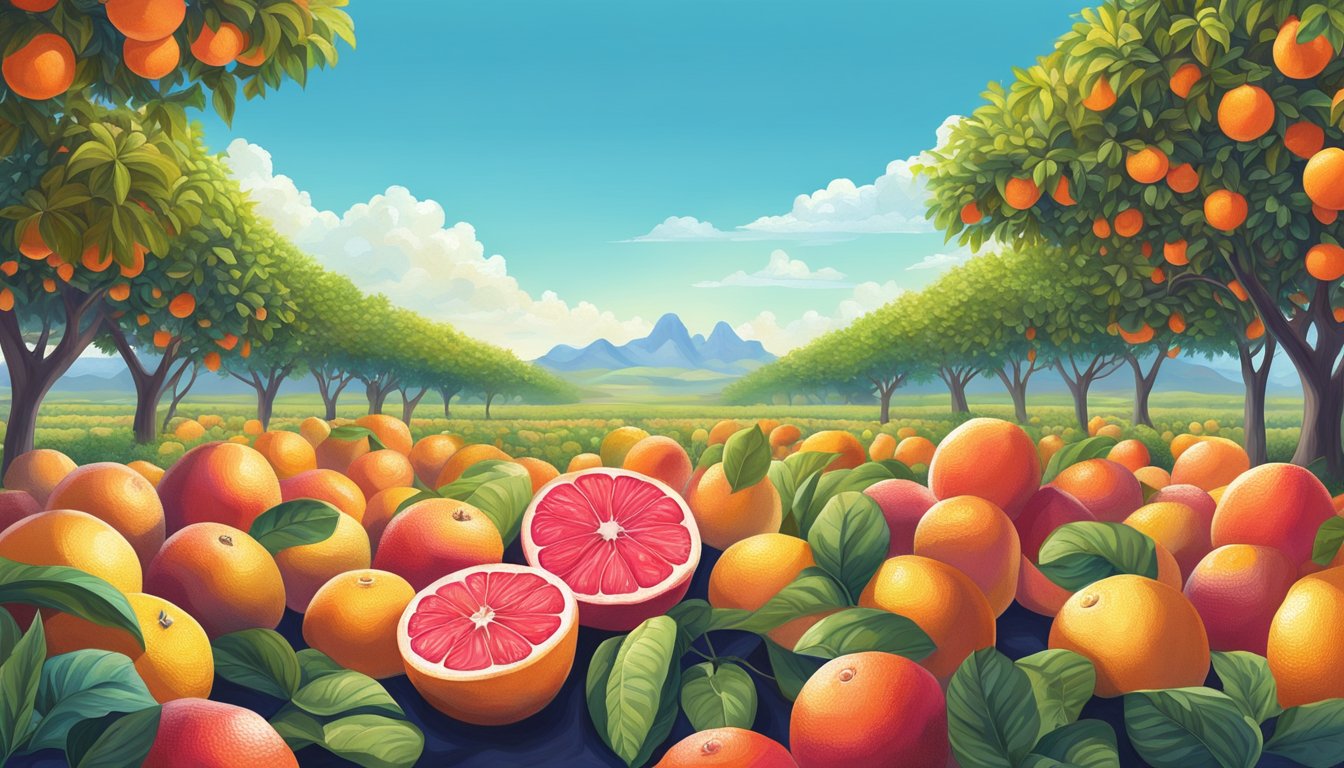 A vibrant Texas landscape with ripe Ruby Red Grapefruit trees, surrounded by other superfoods, under a bright blue sky