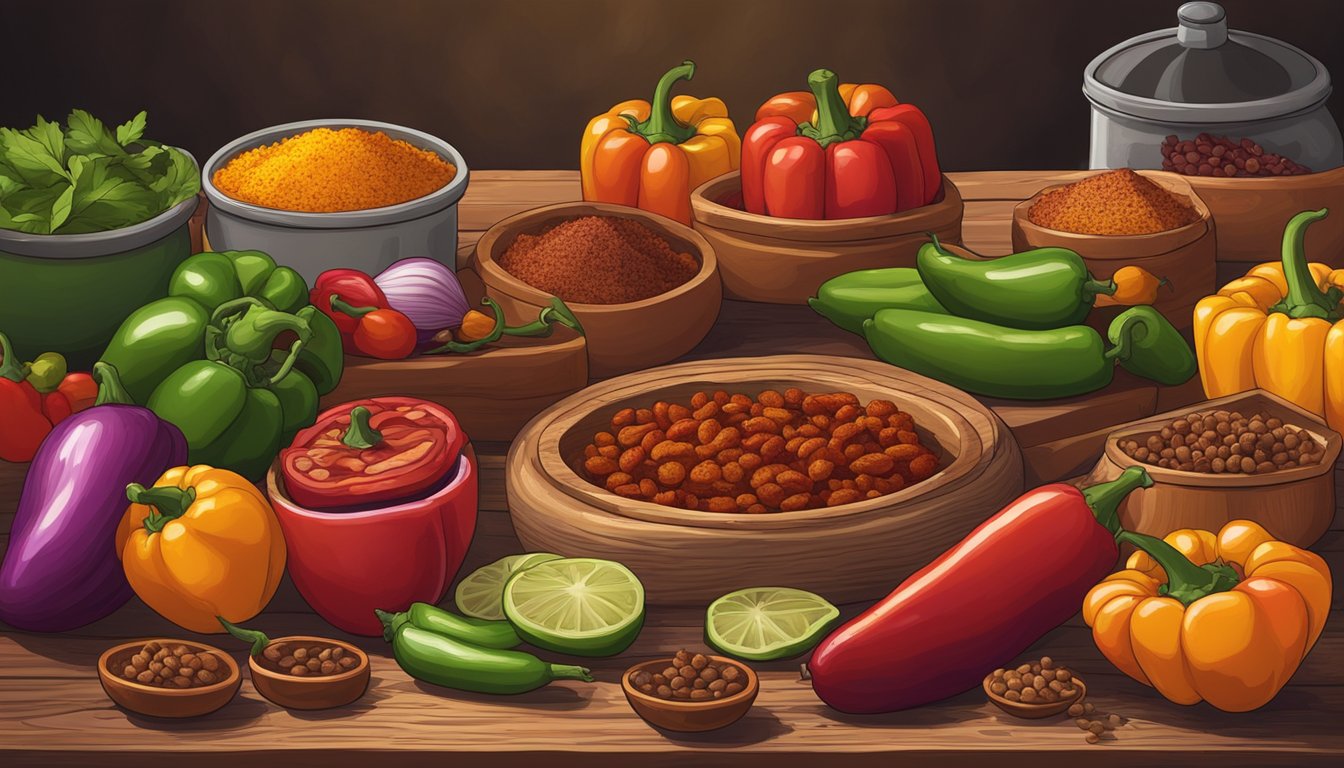 A Tex-Mex inspired scene with various types of chorizo arranged on a rustic wooden table, surrounded by colorful peppers, onions, and spices