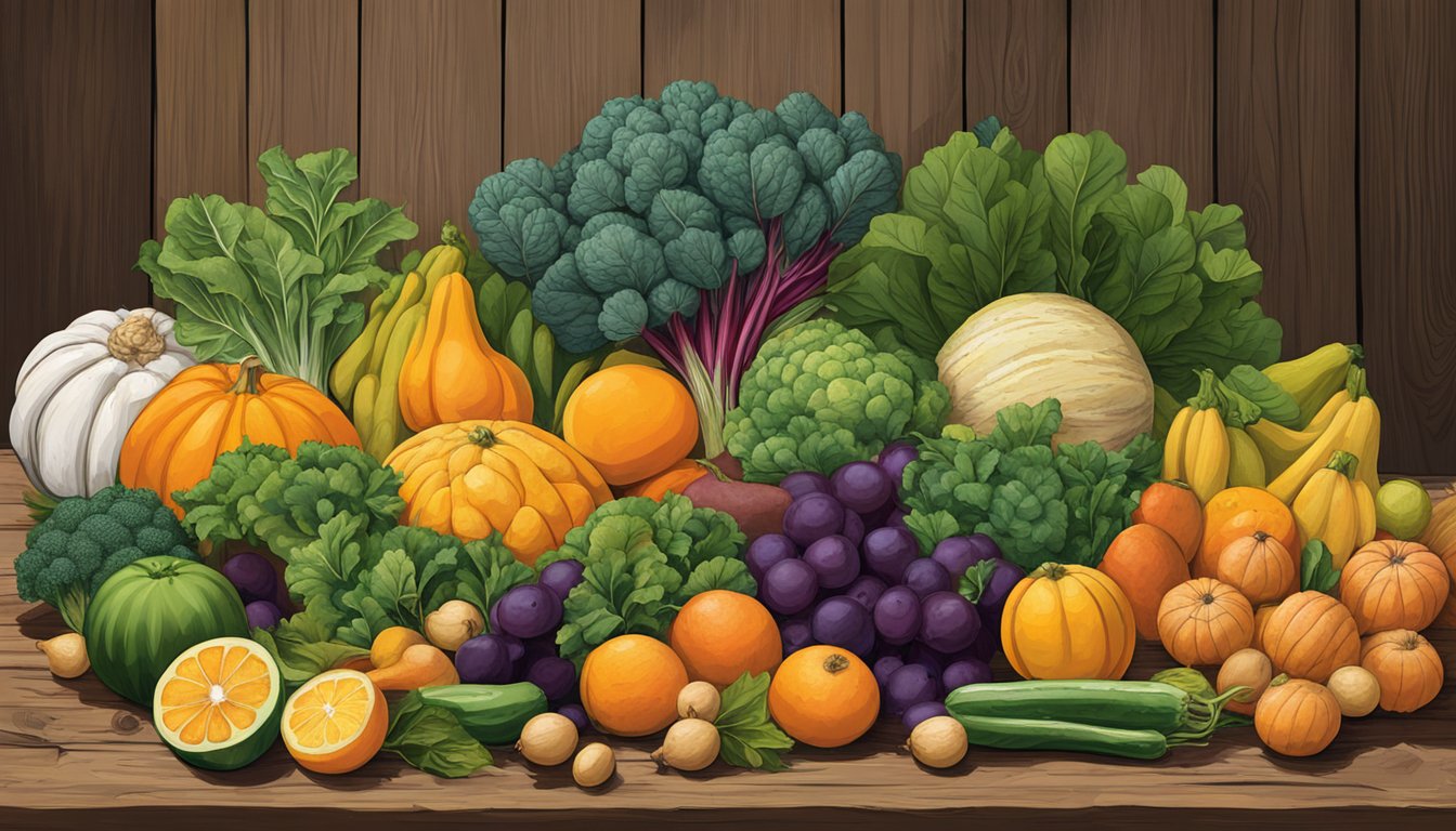 A bountiful display of winter fruits and vegetables from Texas, including citrus, leafy greens, root vegetables, and squash, arranged on a rustic wooden table