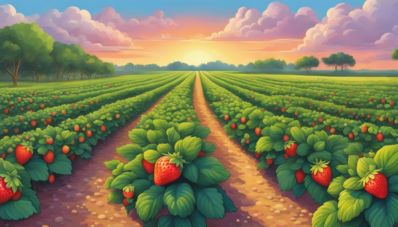 A vibrant Texas strawberry field bursting with ripe, juicy fruit ready for harvest