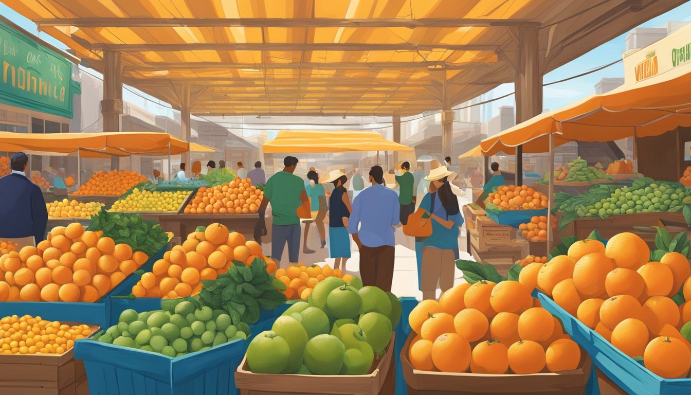 A vibrant display of ripe Valencia oranges, surrounded by other superfoods, set against the backdrop of a bustling Texas market