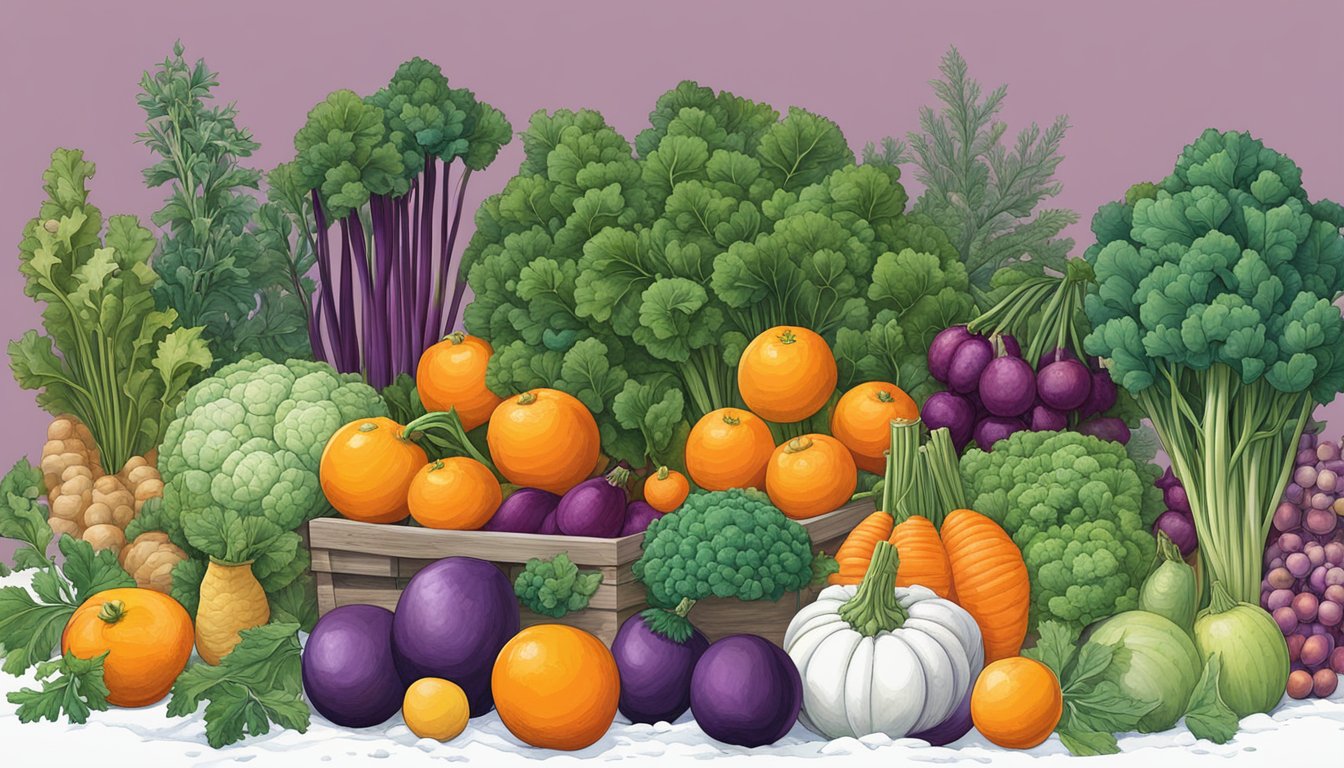 A colorful array of winter vegetables and fruits growing in a Texas garden, with vibrant greens, deep purples, and bright oranges contrasting against the backdrop of frosty white