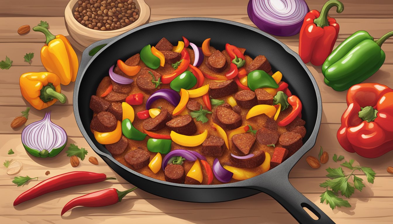 A sizzling skillet with chunks of chorizo, colorful peppers, and onions cooking over a flame, surrounded by Tex-Mex spices and ingredients