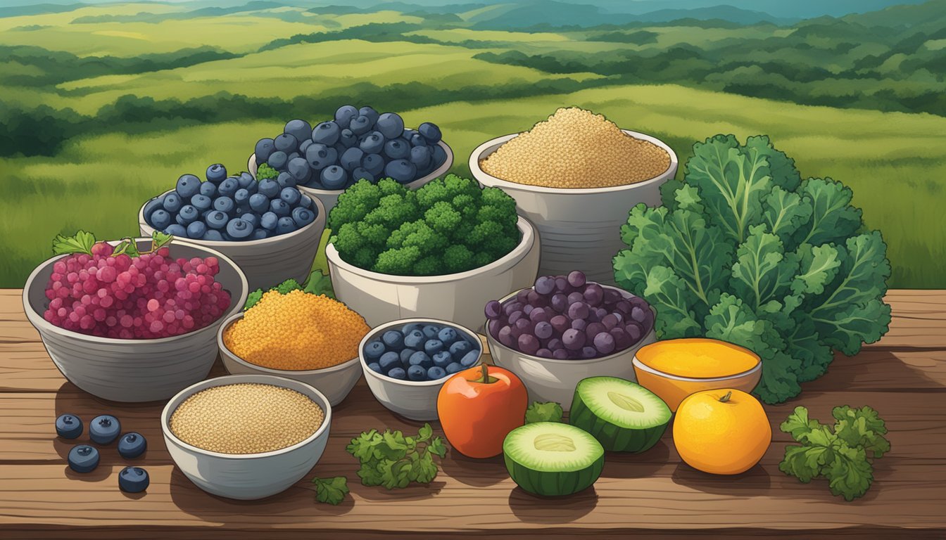 A vibrant array of superfoods, including kale, blueberries, and quinoa, displayed on a rustic wooden table against the backdrop of a Texas landscape