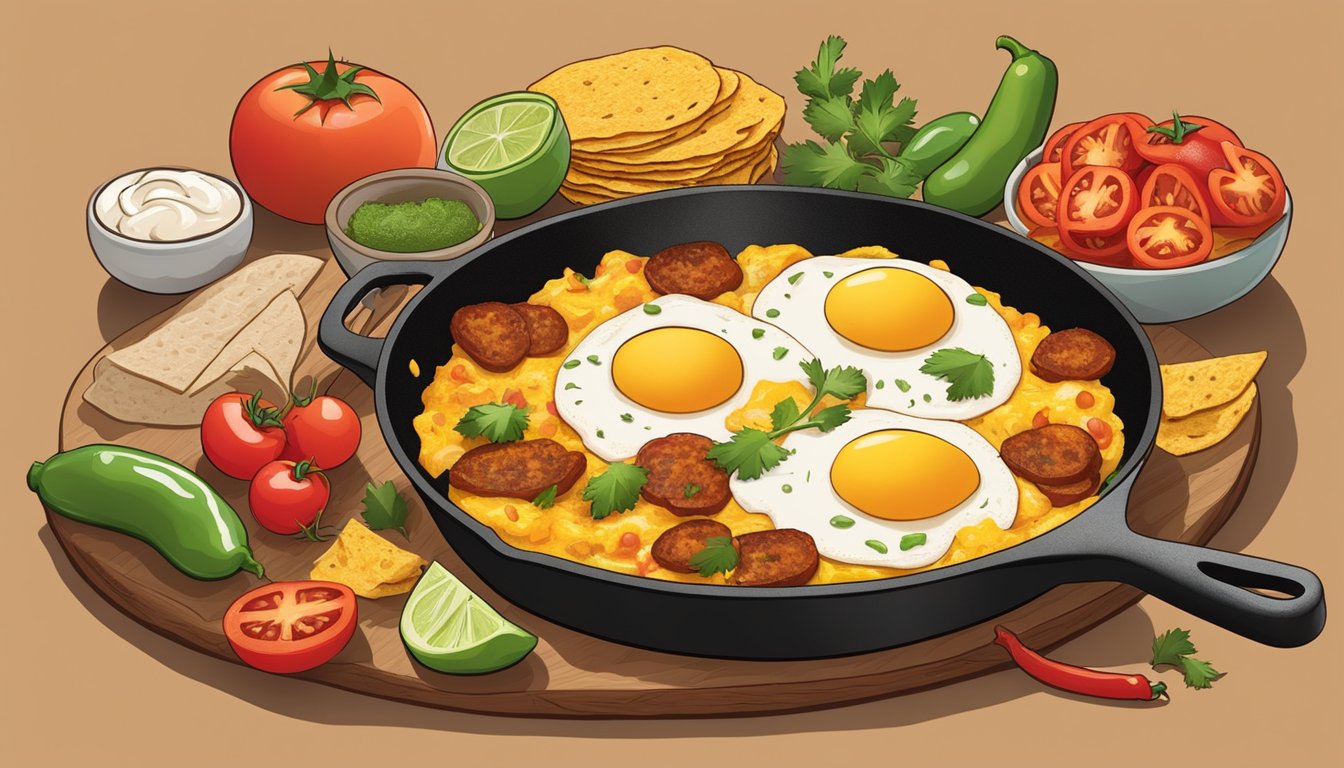 A sizzling skillet of chorizo and eggs, surrounded by colorful Tex-Mex ingredients like jalapenos, tomatoes, and tortillas