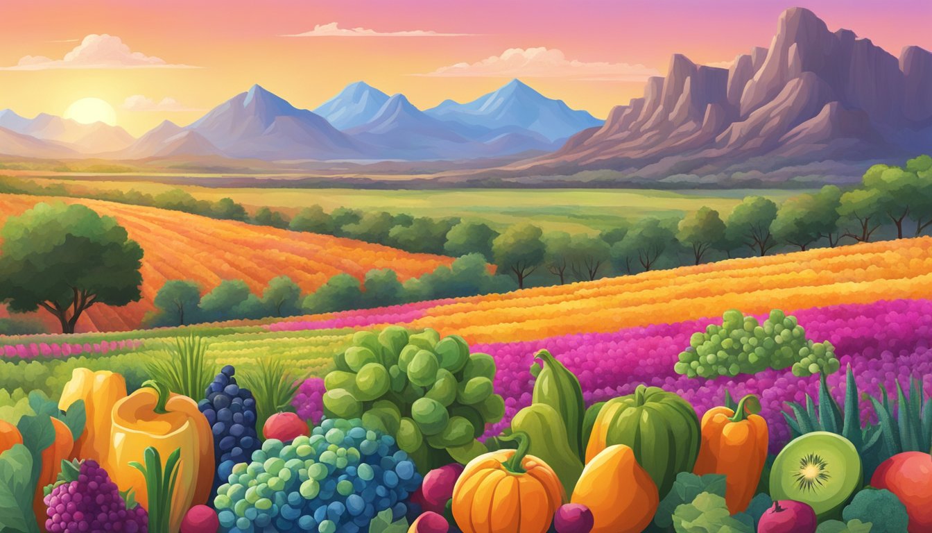 A vibrant Texas landscape with a variety of colorful, ripe superfoods growing in the warm climate