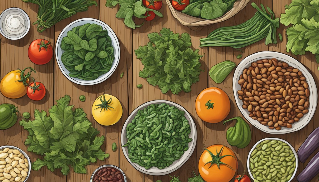 A colorful array of local Texas foods, such as beans, leafy greens, and tomatoes, arranged on a rustic wooden table