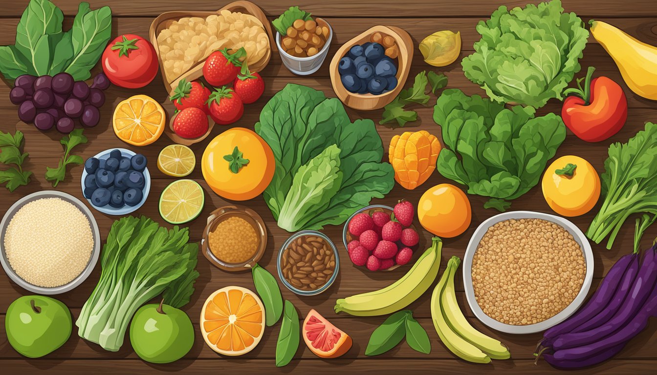 A colorful array of local Texas foods, including leafy greens, colorful fruits, and whole grains, arranged on a wooden table