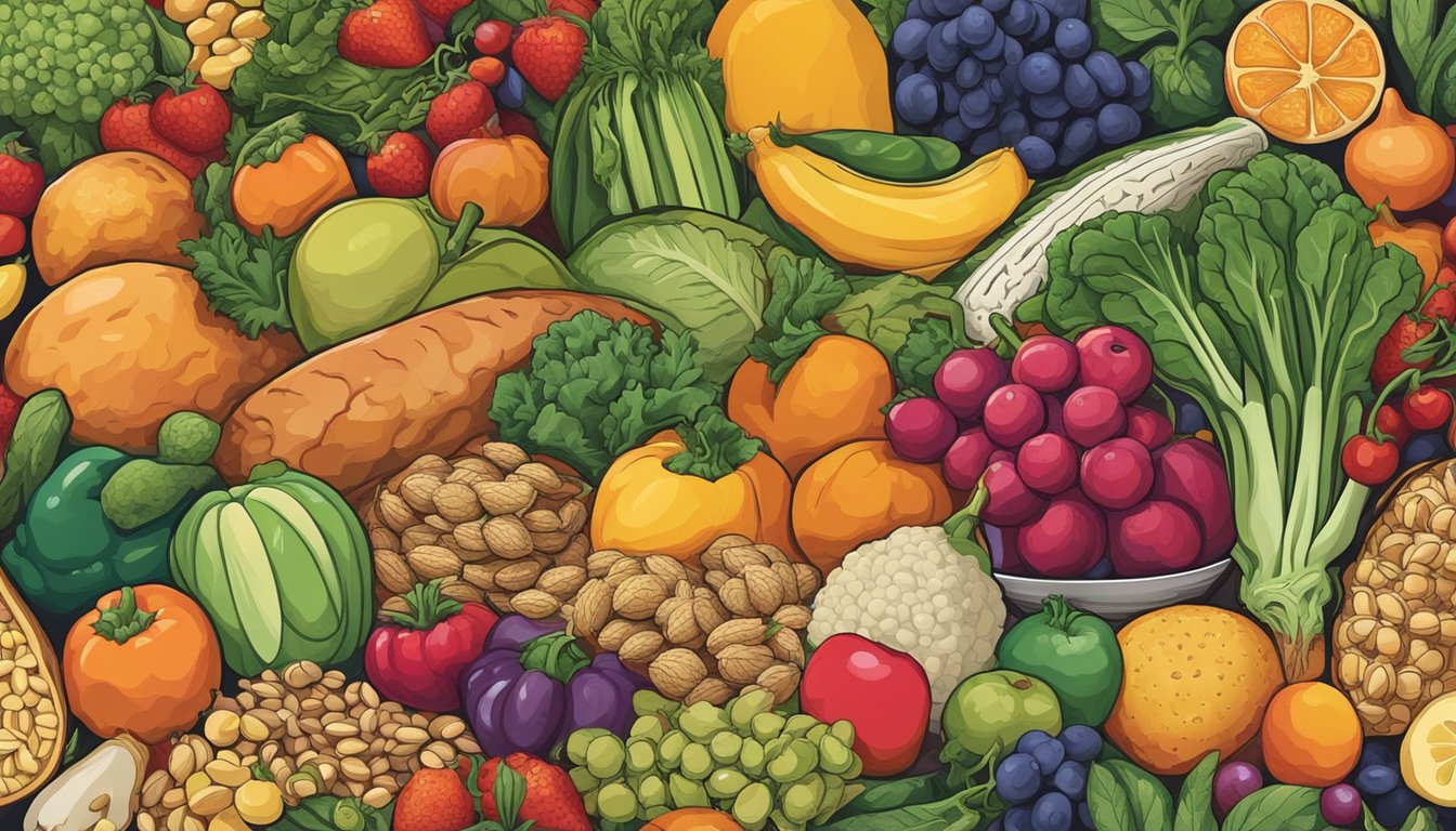 A table overflowing with colorful fruits, vegetables, and grains, all sourced from local Texas farms. The vibrant array of foods is known for their cancer-fighting properties, particularly in preventing colon cancer