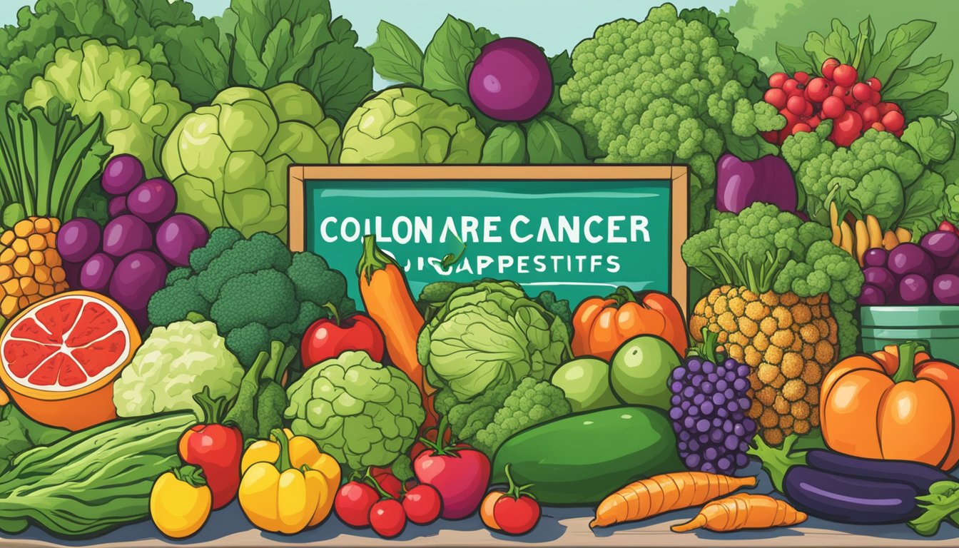 A colorful array of local Texas fruits and vegetables arranged on a table, surrounded by vibrant green plant leaves and a sign promoting colon cancer-fighting properties