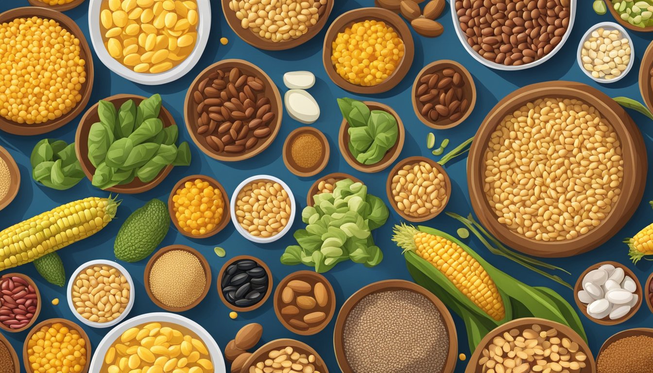 A colorful array of high-fiber Texas foods, such as beans, corn, and whole grains, arranged in a vibrant and appetizing display