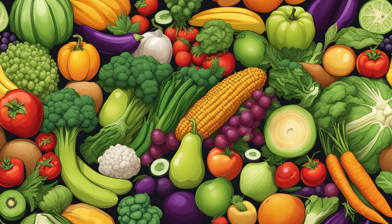 A vibrant display of colorful fruits and vegetables from local Texas farms, arranged in a dynamic composition, symbolizing their power in fighting colon cancer