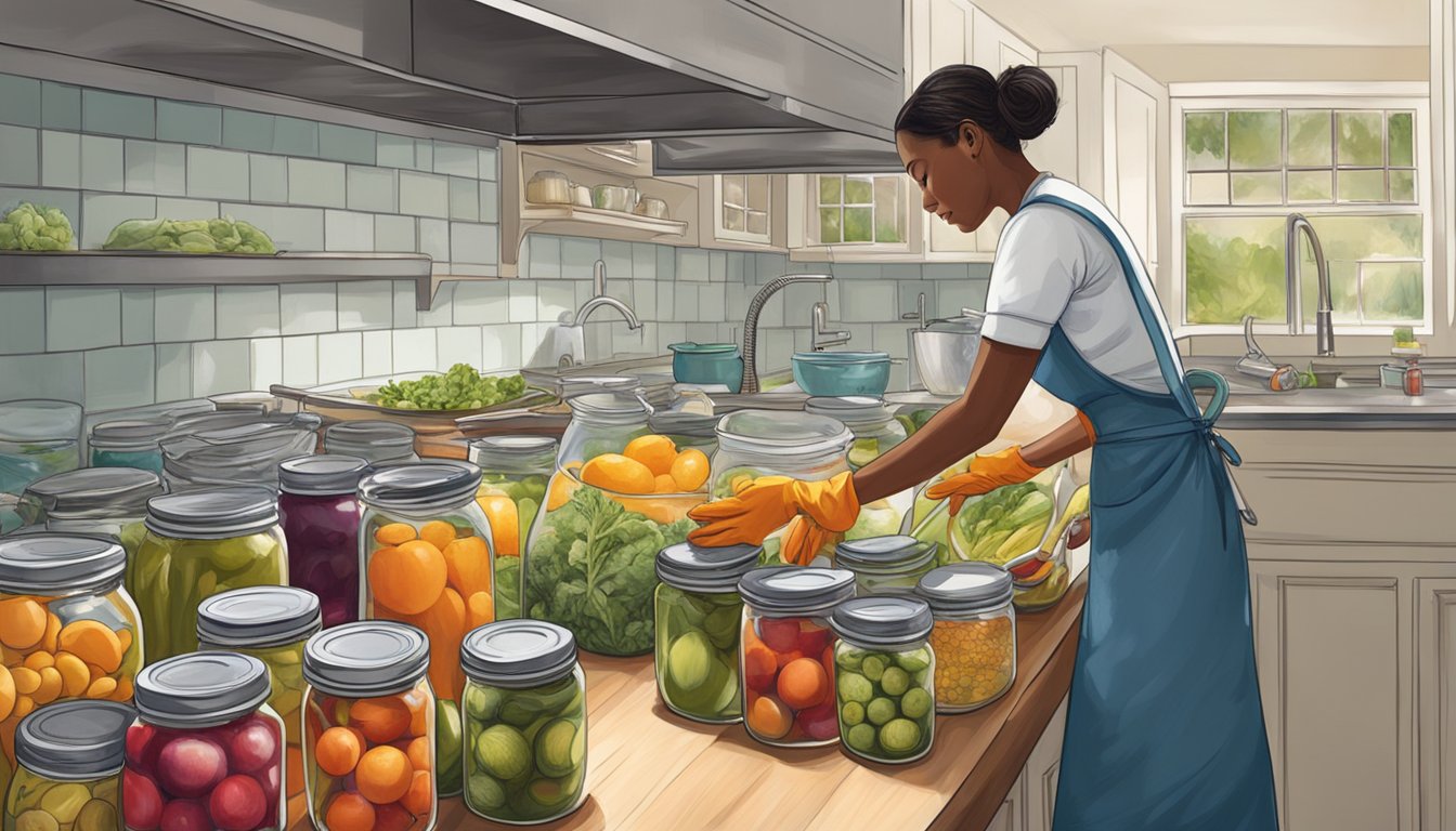 A person wearing gloves and an apron follows safety procedures while canning and preserving fruits and vegetables in a Texas kitchen