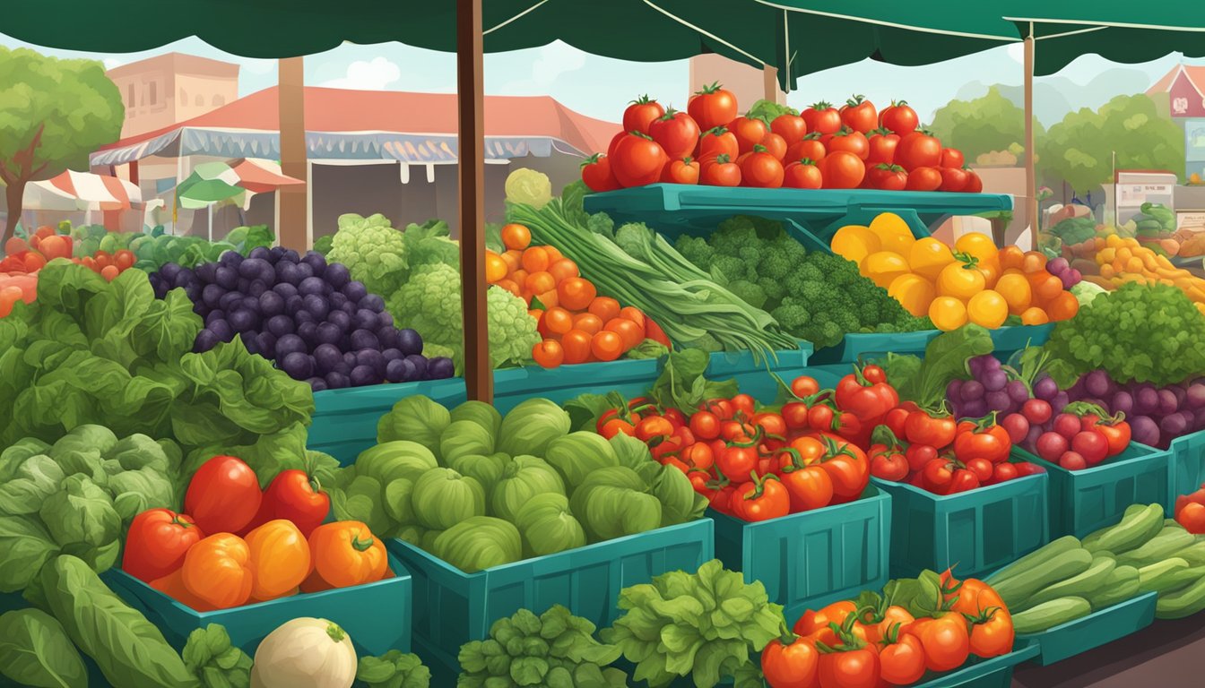 A vibrant farmer's market with colorful fruits and vegetables, including tomatoes, spinach, and bell peppers, all known for their cancer-fighting properties