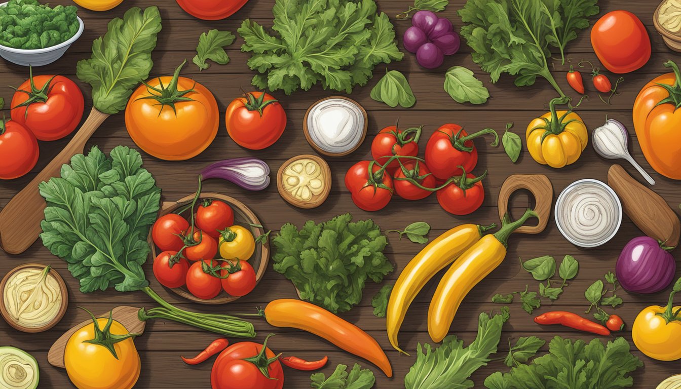 A colorful array of local Texas foods, such as tomatoes, peppers, and leafy greens, arranged on a rustic wooden table