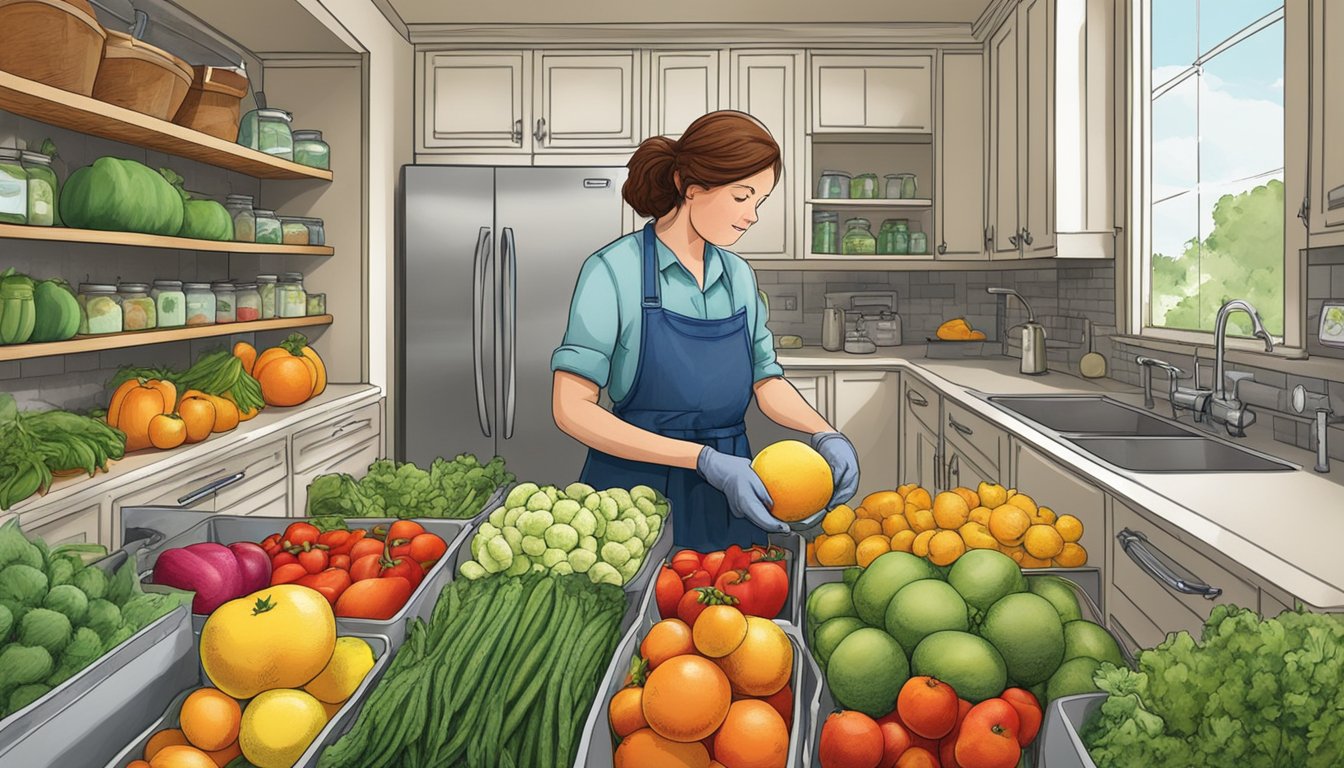 A person selecting and washing fresh fruits and vegetables for canning and preserving in a Texas kitchen