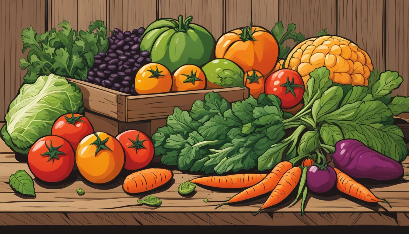 A colorful array of fresh Texas produce, including tomatoes, leafy greens, carrots, and beans, arranged on a rustic wooden table