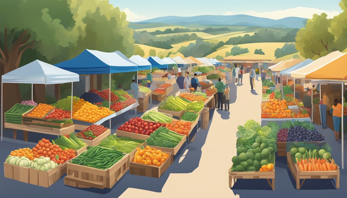 A farmer's market in Texas, with colorful stalls of fresh fruits and vegetables, surrounded by rolling hills and a clear blue sky