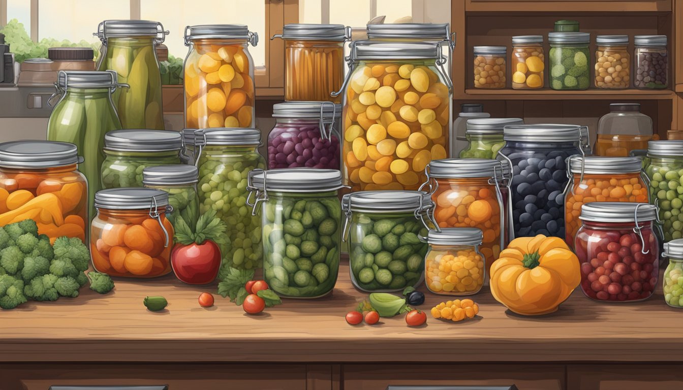 A table filled with jars of preserved fruits and vegetables, surrounded by canning equipment and fresh produce in a Texas kitchen