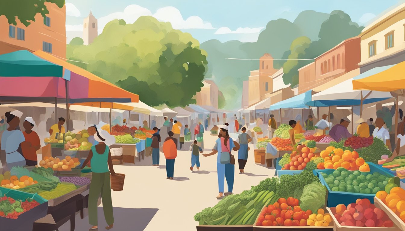 A bustling local market with colorful stalls selling fresh fruits, vegetables, and artisanal products. Nearby, a community-supported agriculture program offers a bounty of seasonal produce