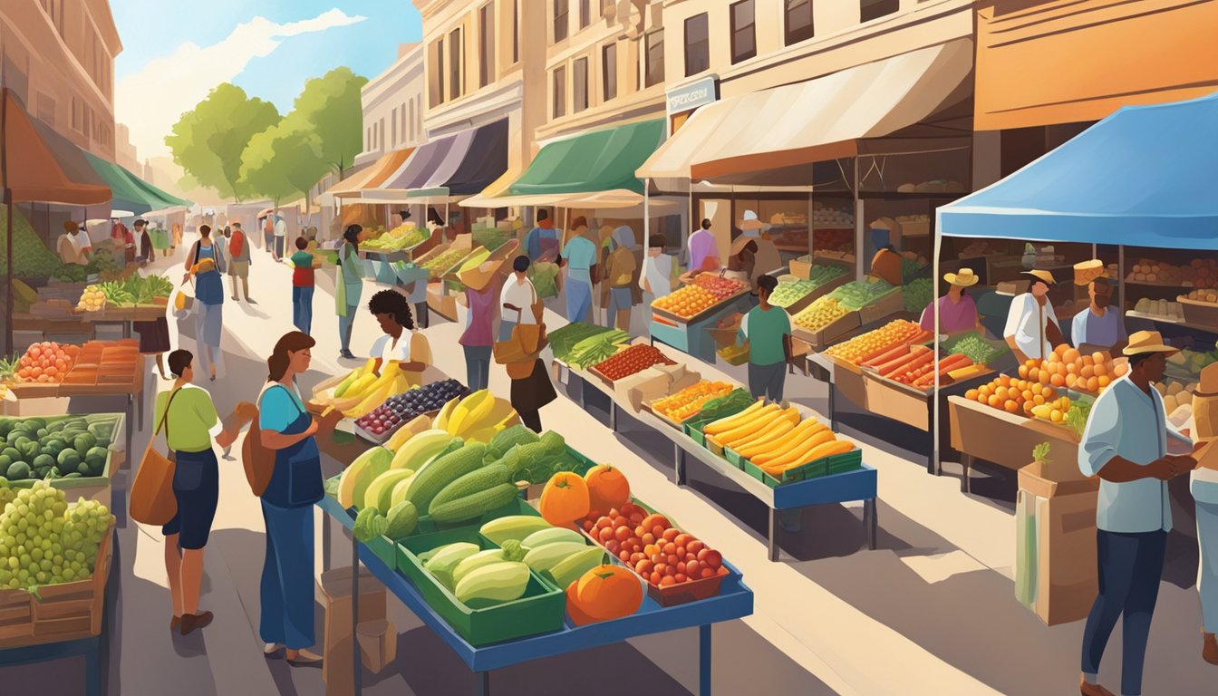 A bustling farmer's market in Texas, filled with colorful fruits, vegetables, and locally-sourced goods. The sun shines down on the lively scene