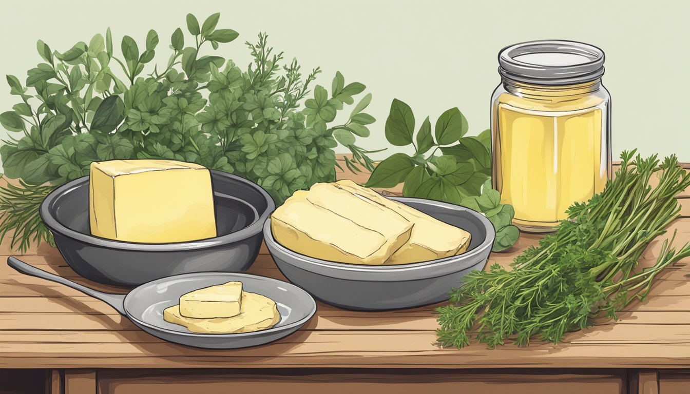 A rustic kitchen counter with a stick of keto-friendly butter, surrounded by fresh herbs and a vintage butter dish