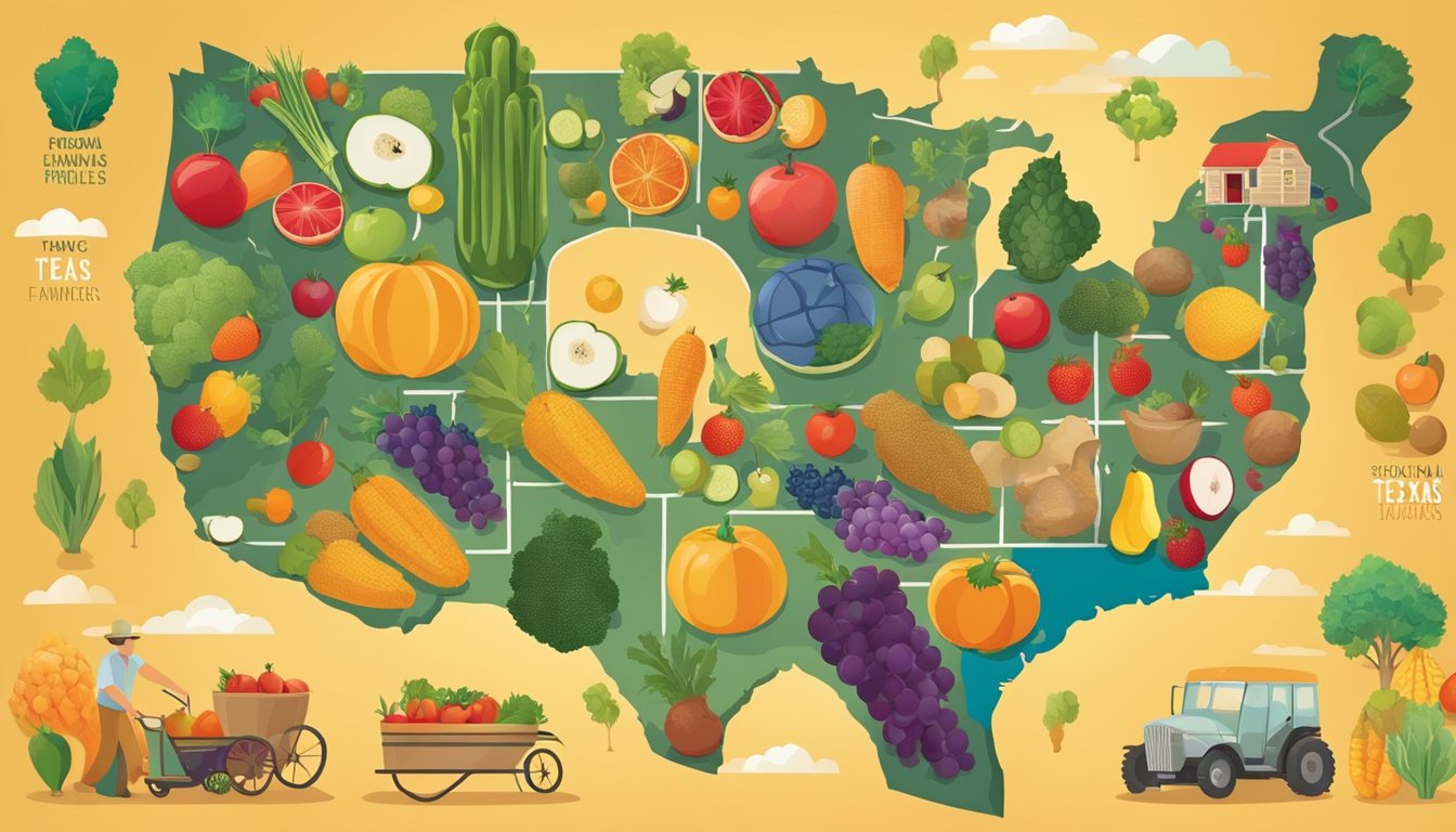 A colorful Texas map with icons of seasonal fruits and vegetables, surrounded by local farms and farmers' markets