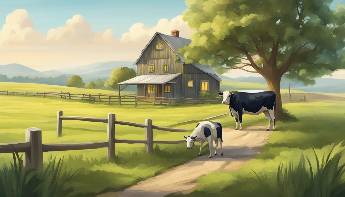 A serene countryside scene with a lush green pasture, a grazing cow, and a rustic farmhouse with a sign advertising "Keto-Friendly Butter for Sale."