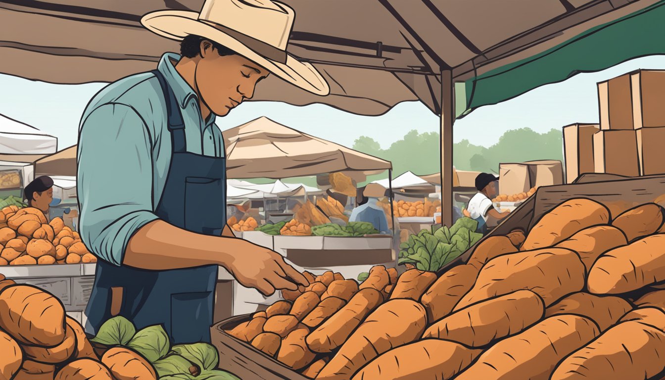 A person in a cowboy hat selecting fresh yams and brown sugar at a Texas farmers market