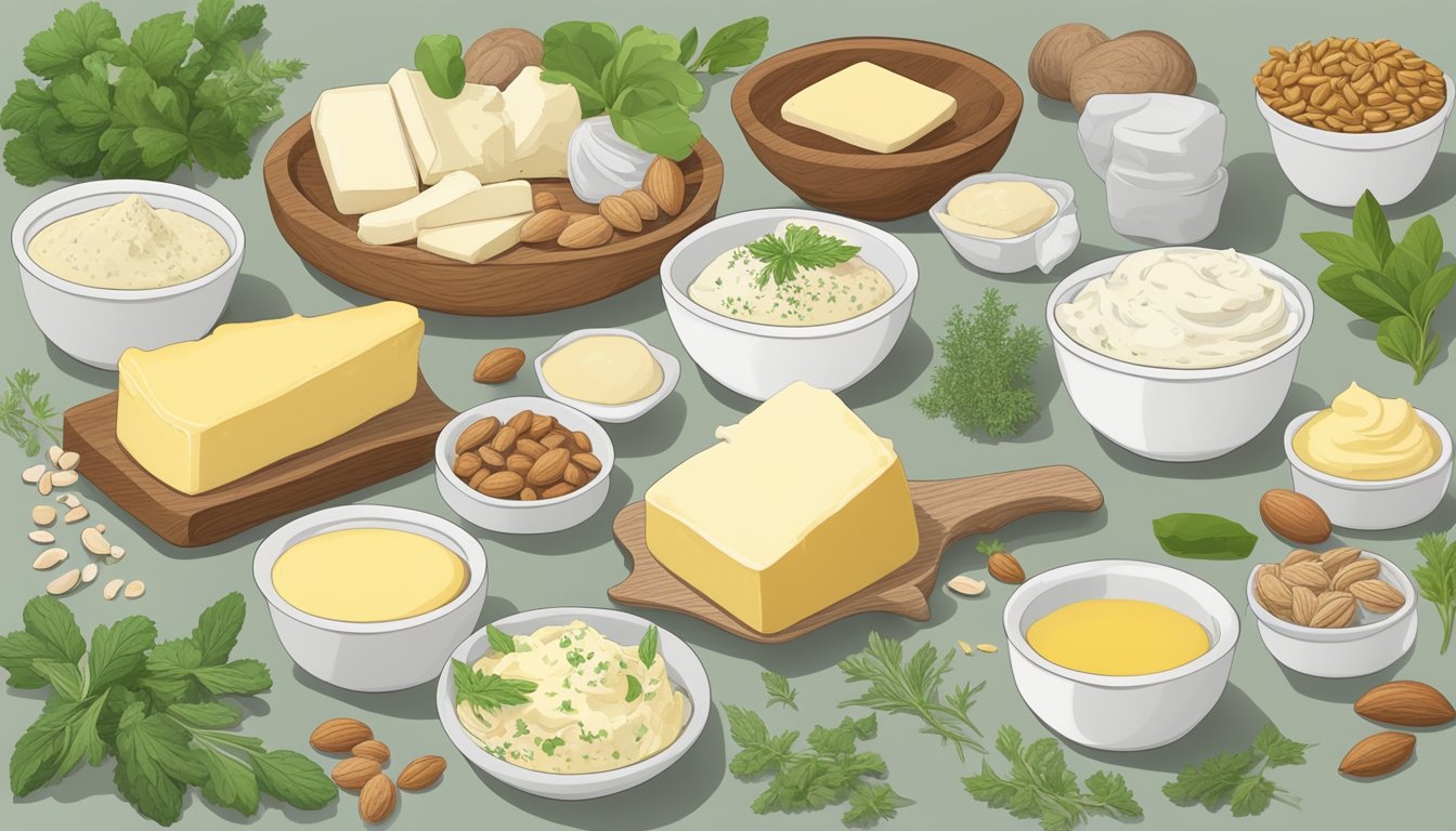 A variety of keto-friendly butter variants displayed on a table, surrounded by fresh herbs and nuts. A map of Texas is pinned to the wall, with locations marked where the butter can be found