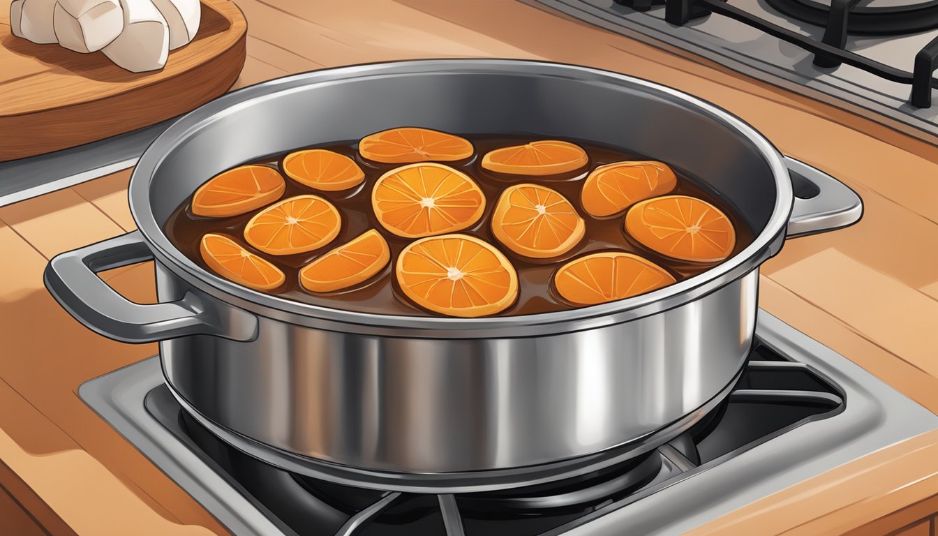 A pot of yams simmering in a sweet syrup, with cinnamon sticks and orange slices on a stovetop in a cozy Texas kitchen