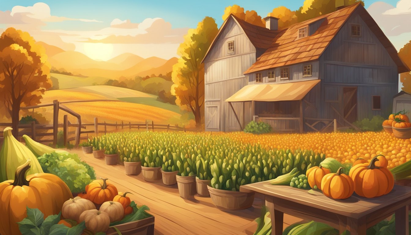 Sun-drenched fields of ripe corn, pumpkins, and sunflowers. A rustic wooden table laden with freshly harvested fruits and vegetables. A cozy farmhouse in the background