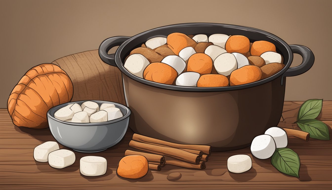 A rustic kitchen with a pot of boiling yams, surrounded by ingredients like brown sugar, cinnamon, and marshmallows