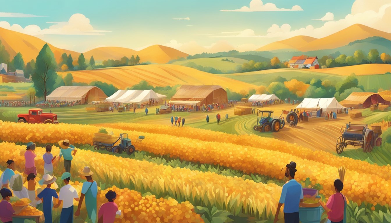 Fields ablaze with golden crops, farmers harvesting, and bustling festival tents filled with fresh produce and lively music