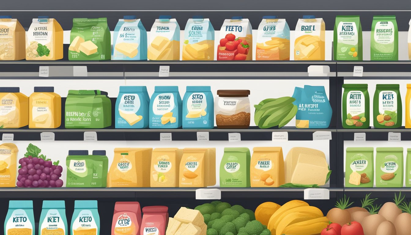 A display of keto-friendly butter at a Texas grocery store, surrounded by fresh produce and labeled with the benefits of low-carb, high-fat content