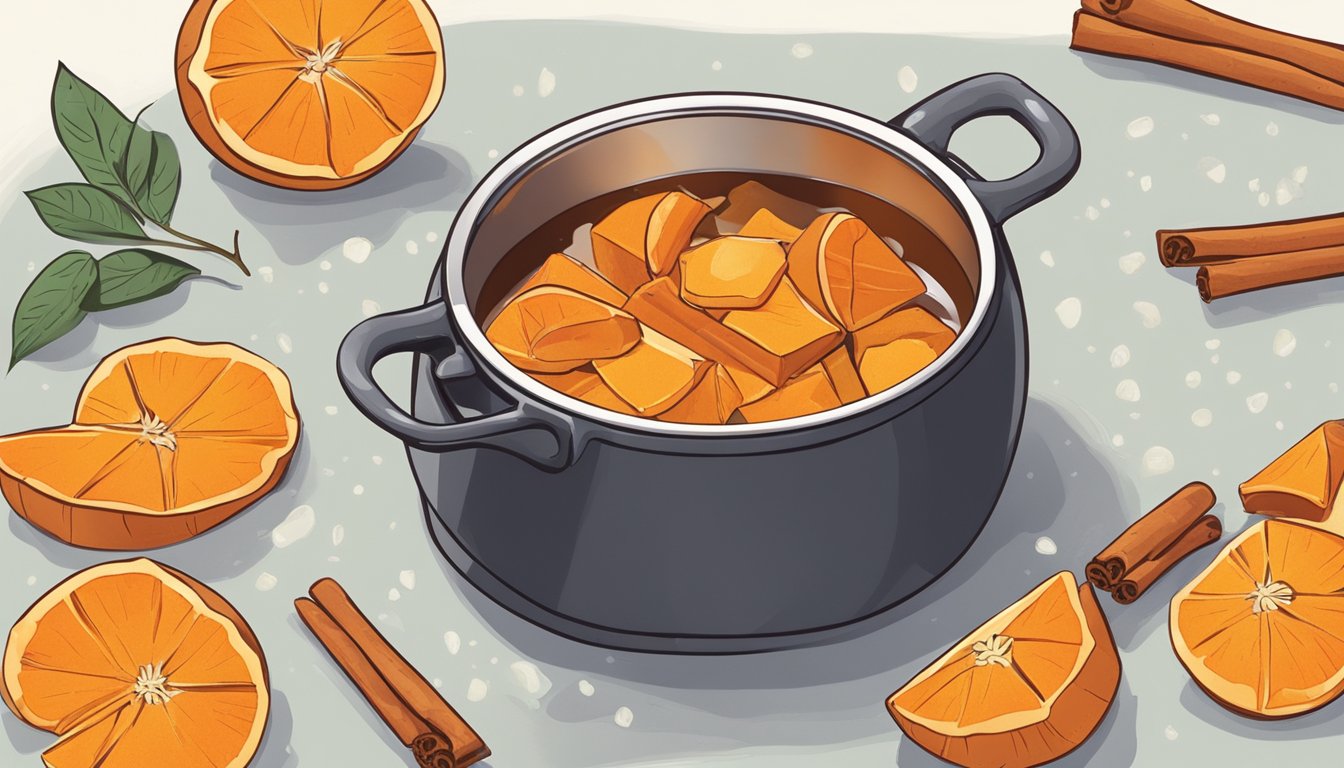 A pot filled with sweet potatoes simmering in a sugary syrup, with cinnamon sticks and orange slices scattered nearby