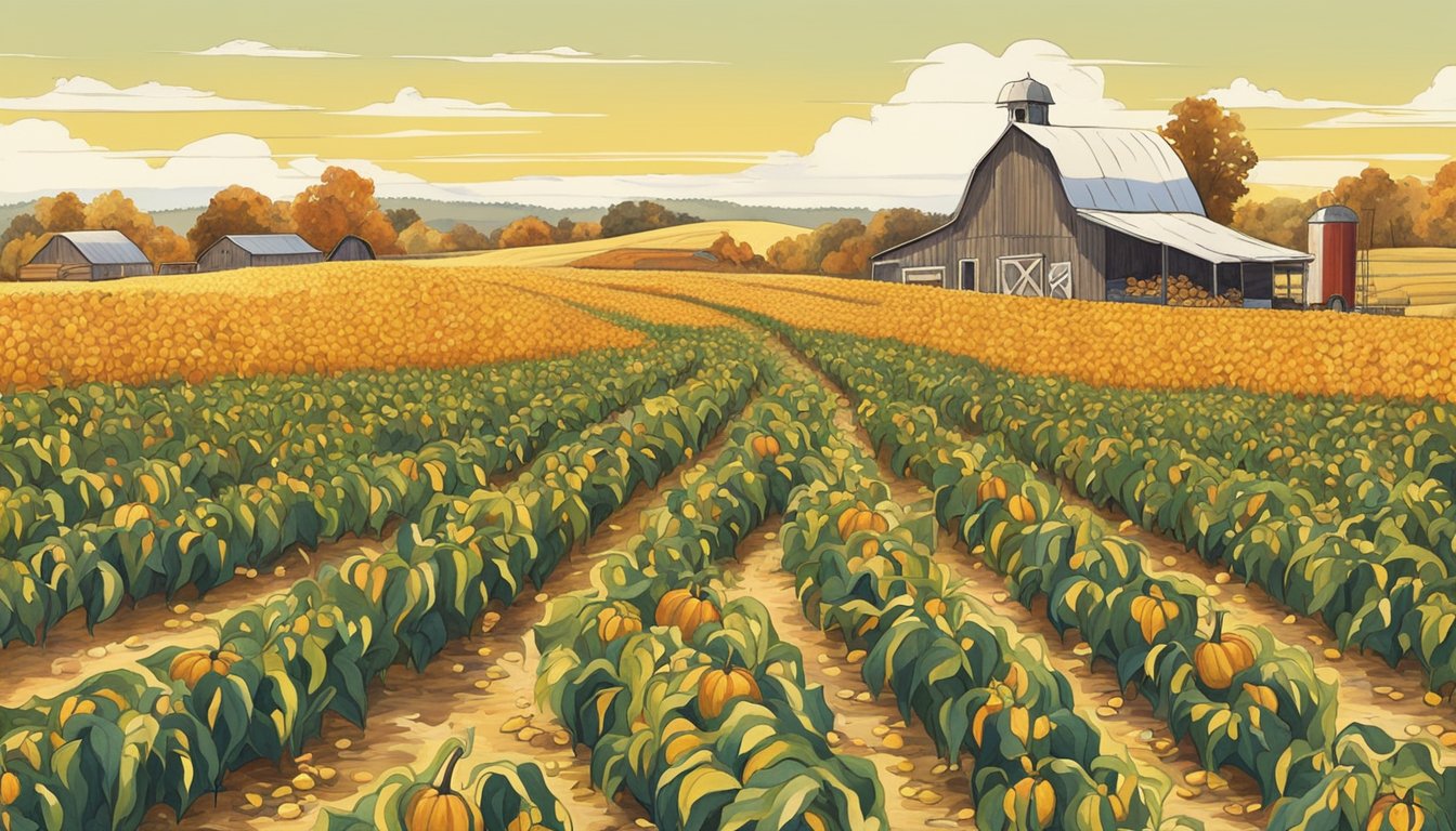 Golden fields of ripe corn and pumpkins stretch out under a clear blue sky. A rustic farm stand overflows with fresh produce, while visitors explore the bountiful harvest