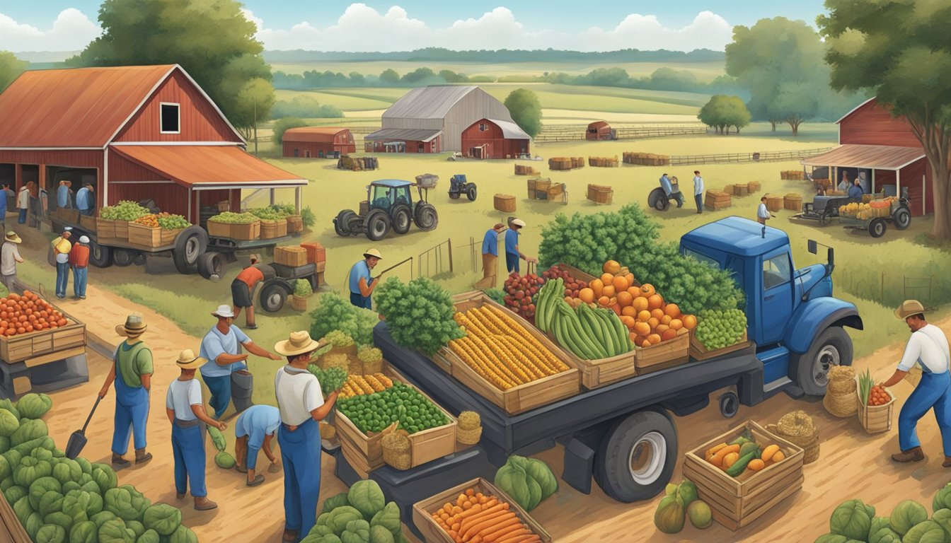 A bustling Texas farm scene with farmers gathering fresh produce, loading it onto trucks, and preparing for a harvest feast