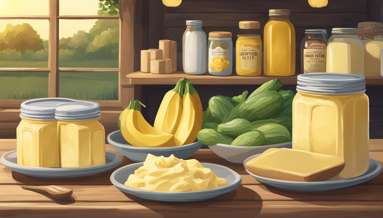 A rustic Texas farm stand displays keto-friendly butter next to fresh produce and homemade goods. The golden morning light highlights the creamy texture of the butter