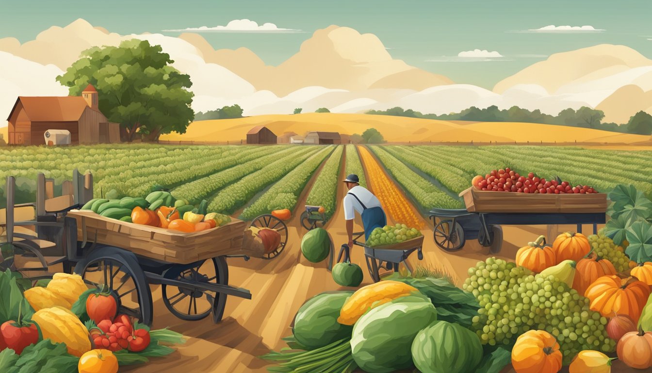 A bountiful Texas harvest scene with ripe fruits, vegetables, and grains being gathered from the fields, ready to be transformed into a delicious feast